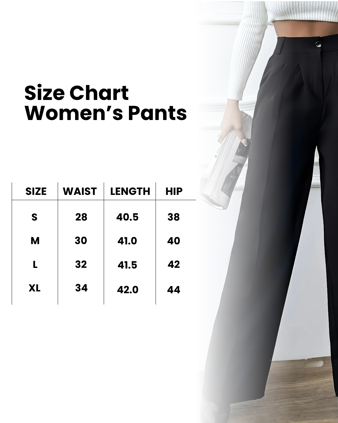 Size chart for women's pants in black wide leg trousers with measurements for S, M, L, XL.