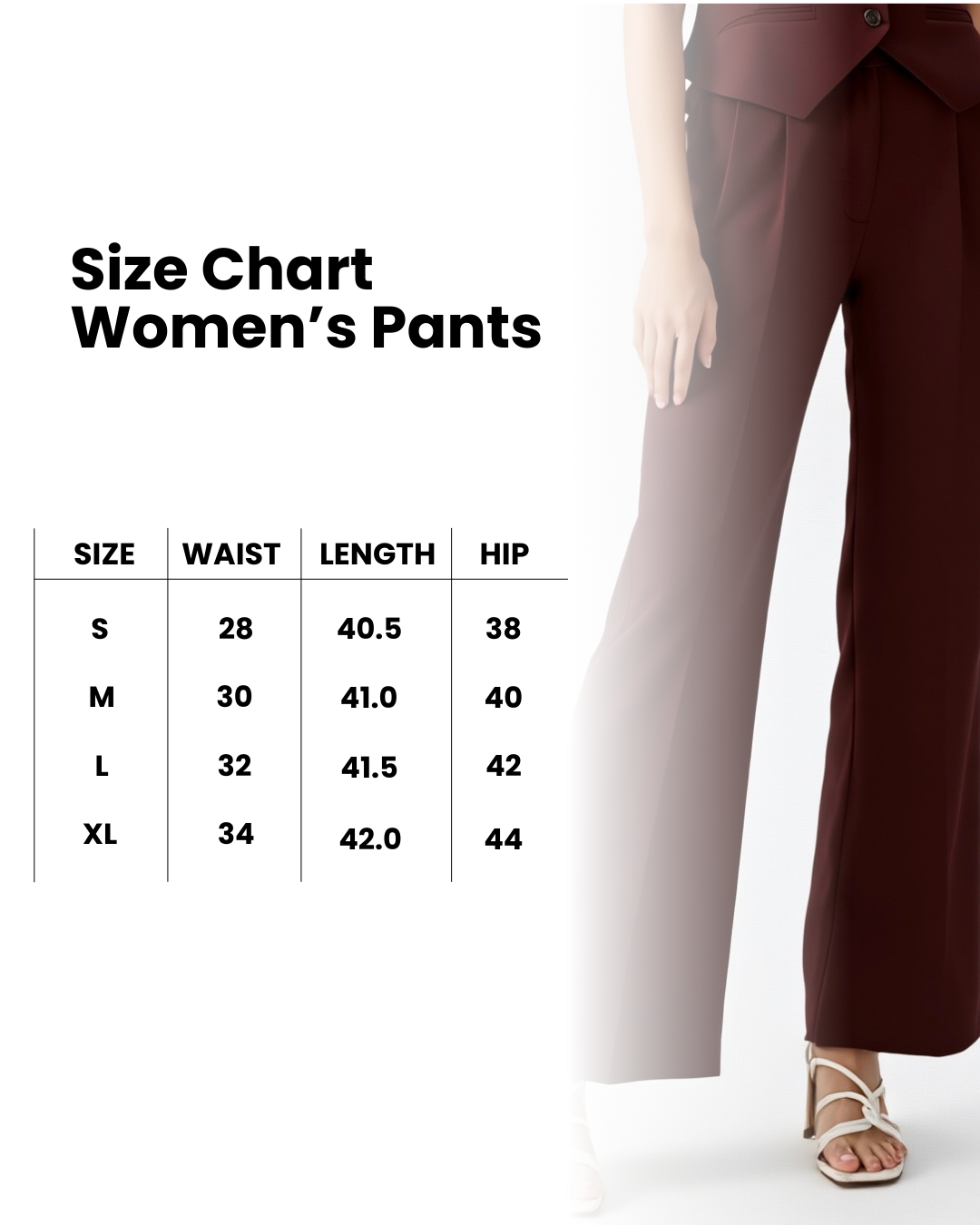 Size chart for women's pants featuring measurements for S, M, L, and XL sizes.
